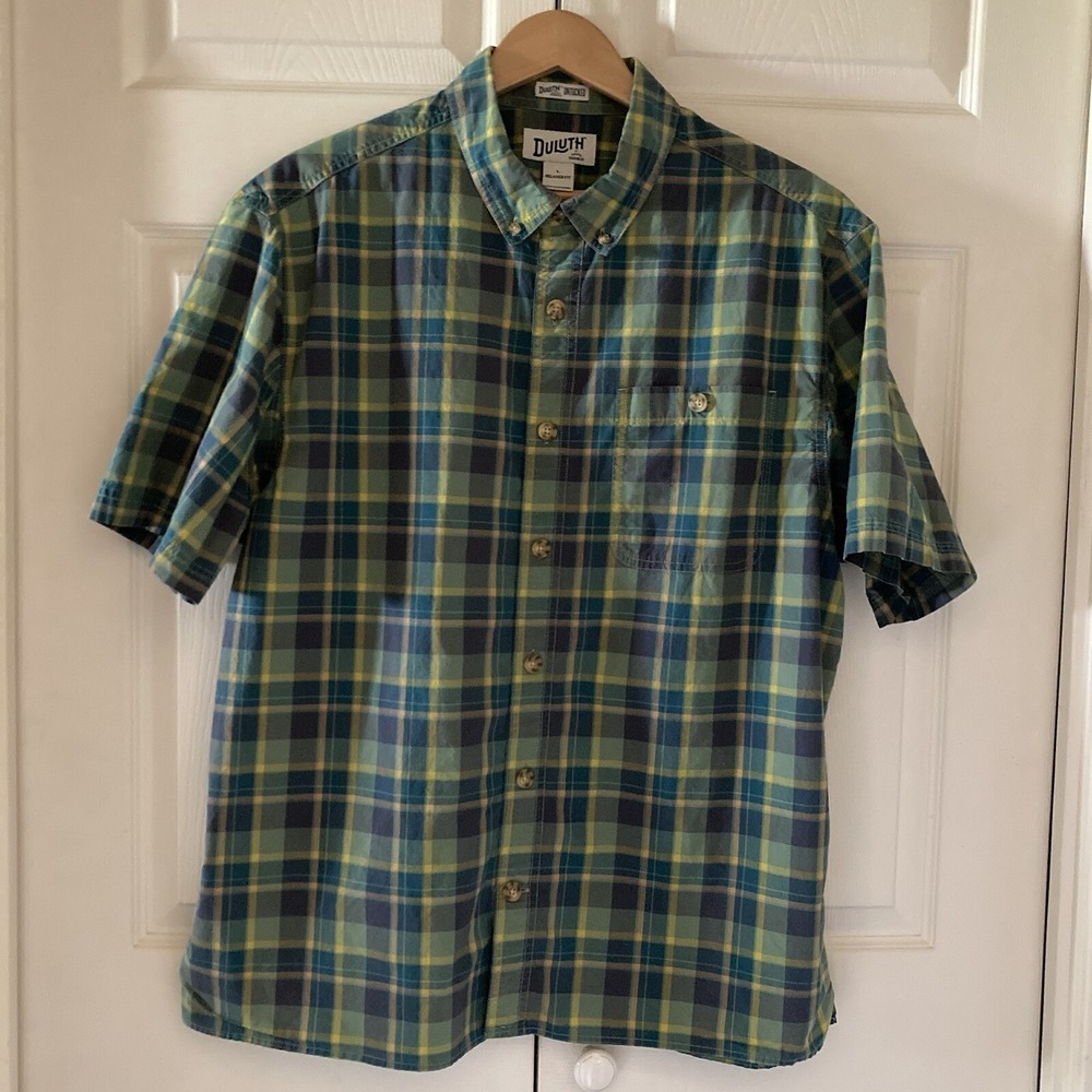 Duluth Untucked Men's L Relaxed Fit SS Button Down Plaid Cotton Shirt Green Teal - Picture 2 of 14